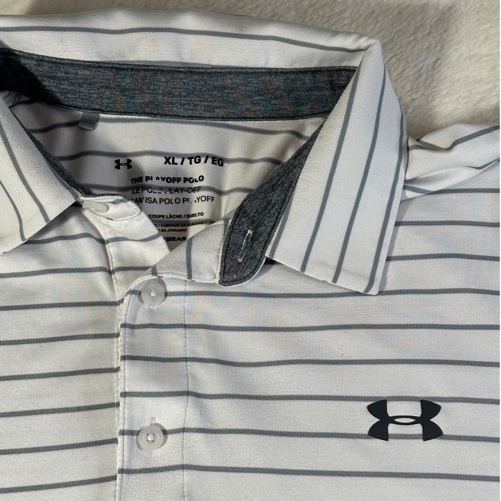 Under Armour White Polo with Thin Navy Stripes - Picture 2 of 7